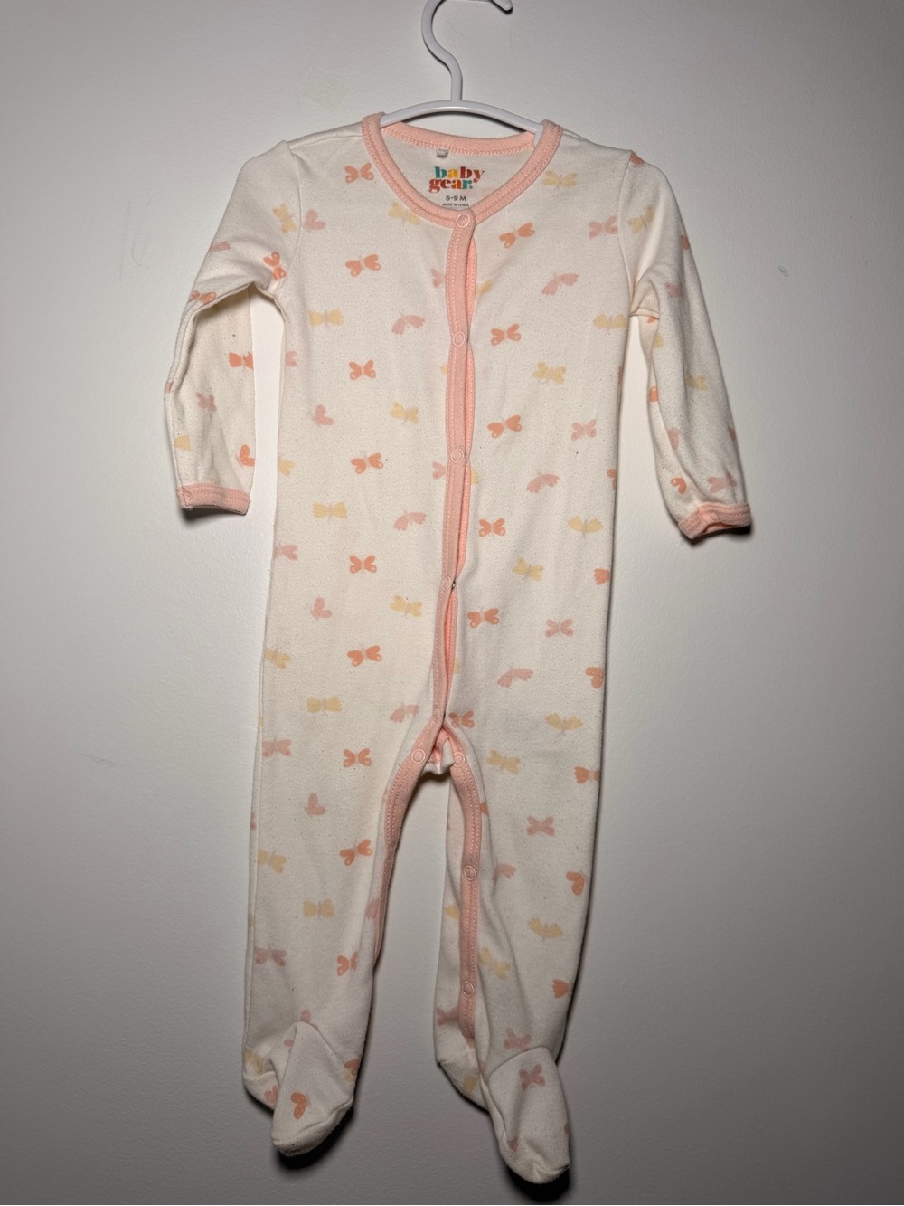 Baby gear butterfly pattern white pink footed coveralls pajama button clasp